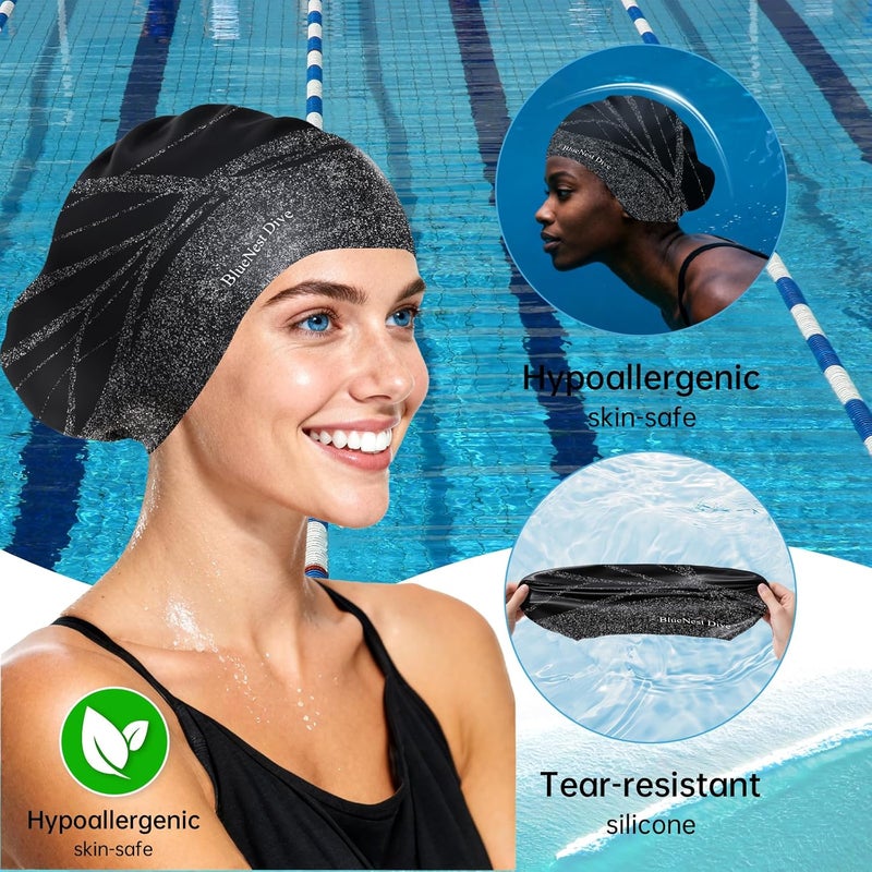 BlueNest Dive Large Silicone Swim Cap Durable Silicone Waterproof Construction with Ultra-Elastic Design Effectively Keeps Hair Dry. Suitable for Long Hair, Curly Hair, and Long Dreadlocks - Image 3